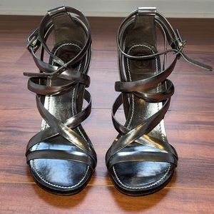 Tory Burch silver double ankle strap heels